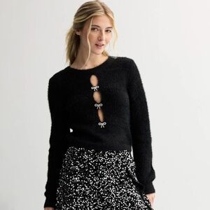 Madden Girl Fuzzy Cozy Rhinestone Bow Sweater SZ M